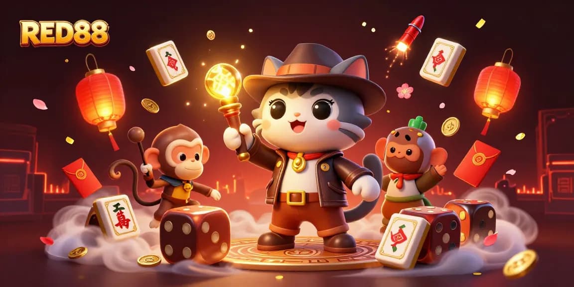 Uncover golden casino treasures with RED88 in this vibrant adventure illustration.