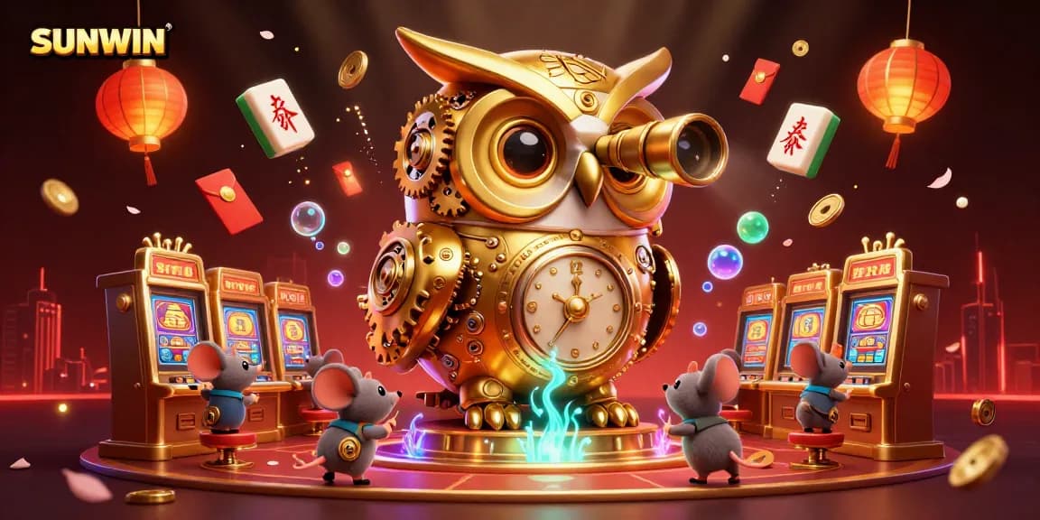 SUNWIN's golden owl oversees an exciting casino floor filled with vibrant game elements