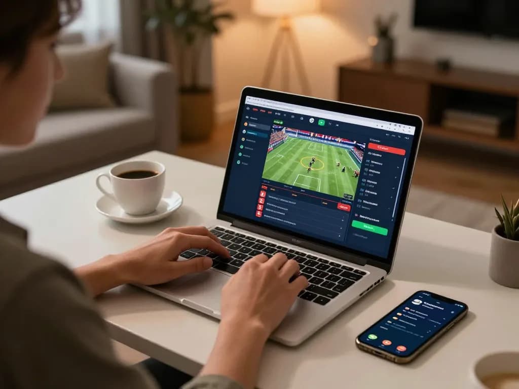 Person engaging in online sports betting at https://shbetac.co with sleek laptop setup and ambient lighting.