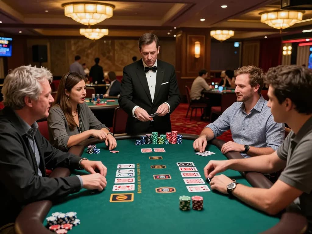Players enjoying blackjack at the casino table, showcasing strategies around HM88 bets and lively interactions.