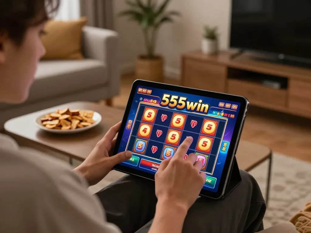 Playing a vibrant 555win slot game on a tablet in a cozy home setting, capturing the excitement of online gaming.