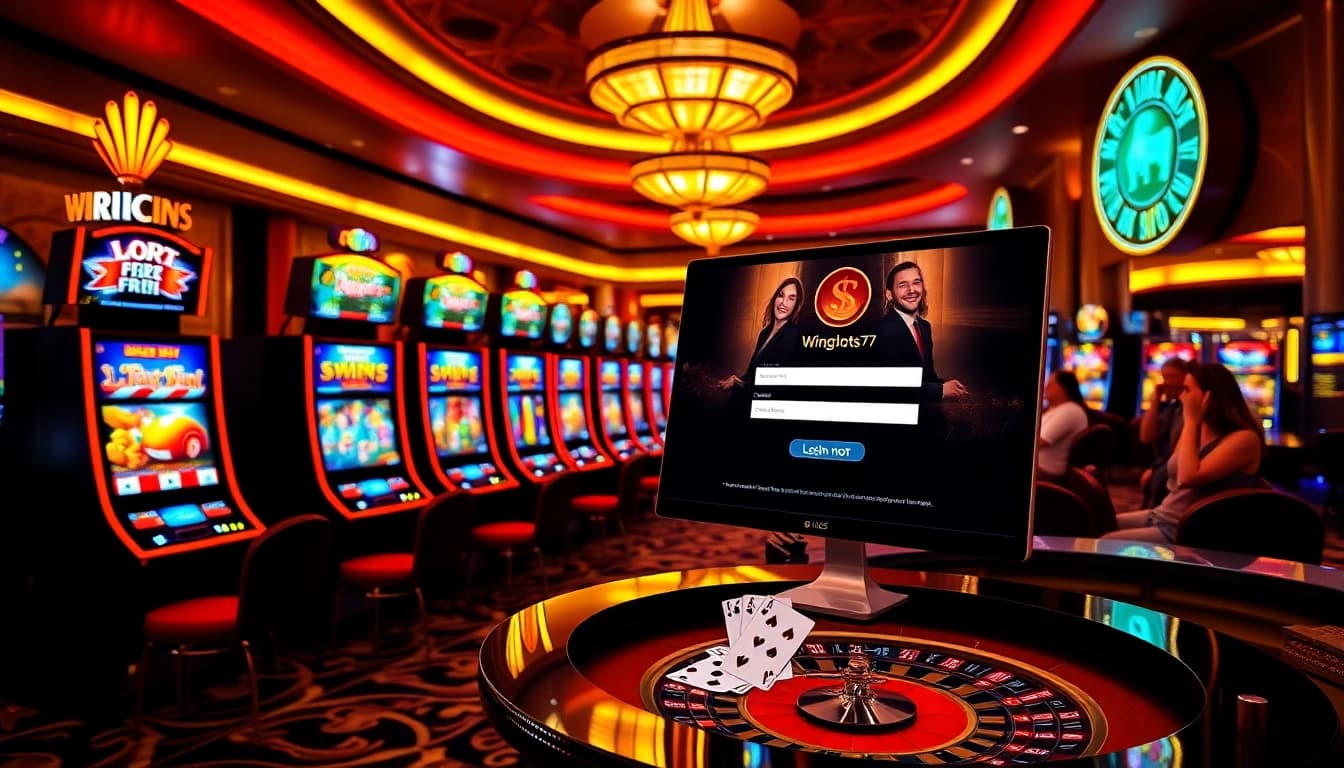 Wingslots77 Login interface featured along with vibrant casino elements like slot machines and poker chips.