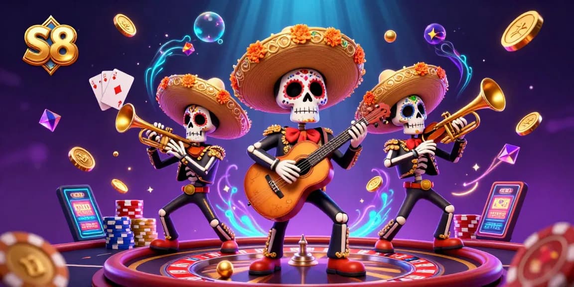 Experience the excitement of S8's promotions with colorful casino elements and mariachi celebrations.