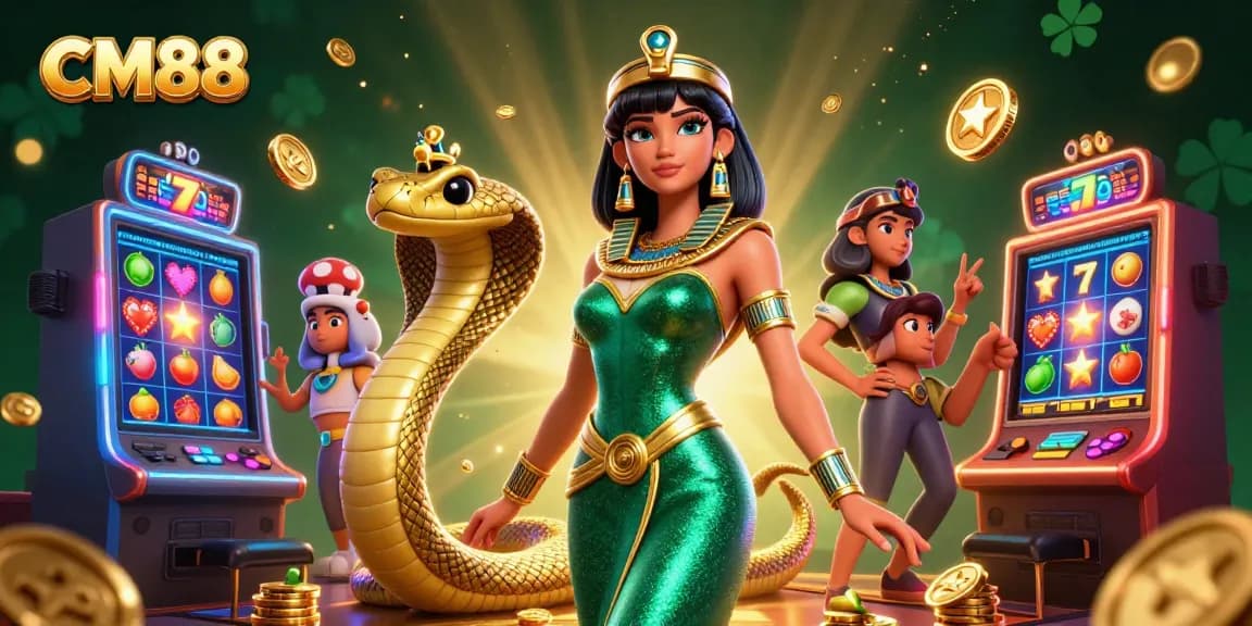 Spin to win with CM88's vibrant 3D casino scene featuring characters and exciting game elements.
