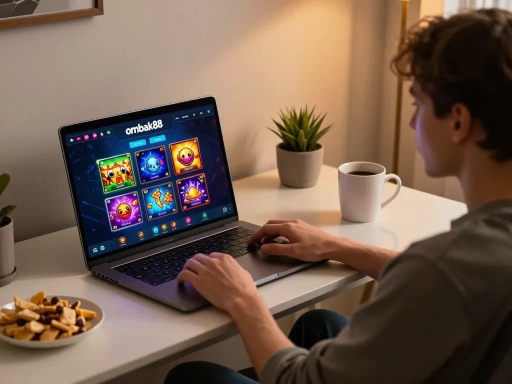 Rasakan sensasi bermain ombak88 dengan pengaturan laptop yang menampilkan aksi permainan kasino yang cerah.