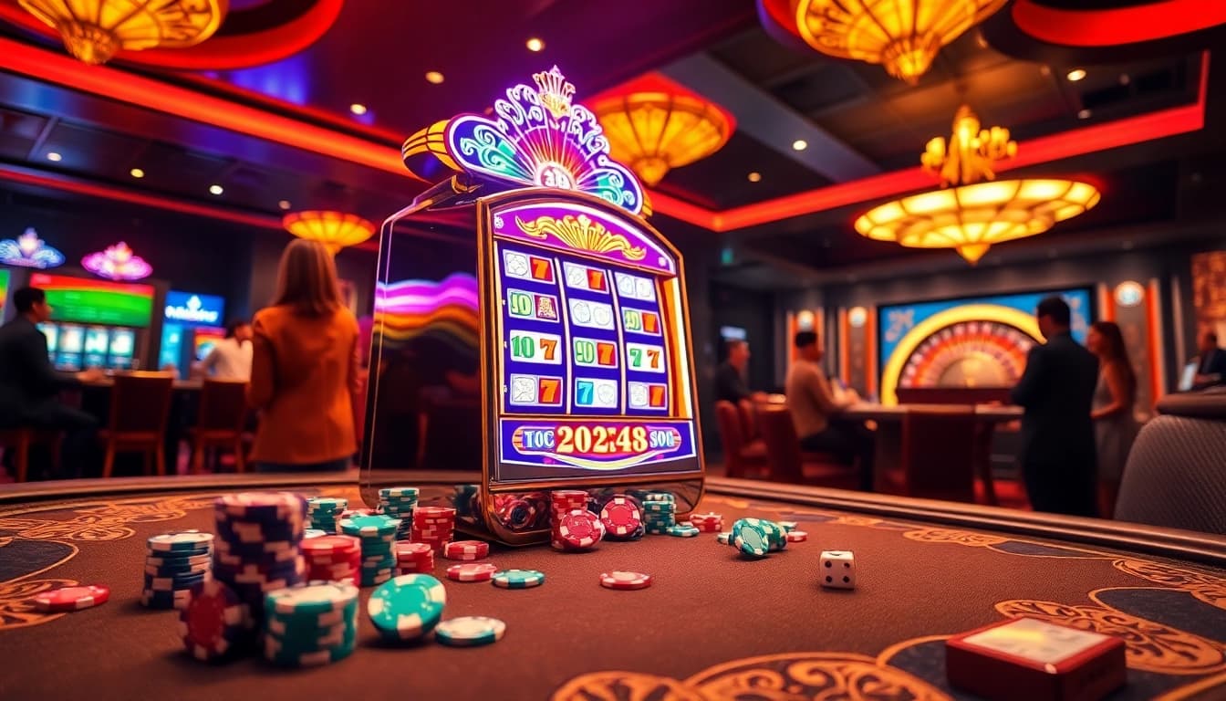 Reel aman788 slot gacor berputar di lingkungan kasino yang cerah dengan chip poker dan dadu.