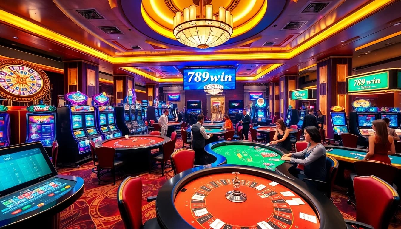 Exciting gaming experience at 789win trang chu's vibrant casino floor with players and tables.