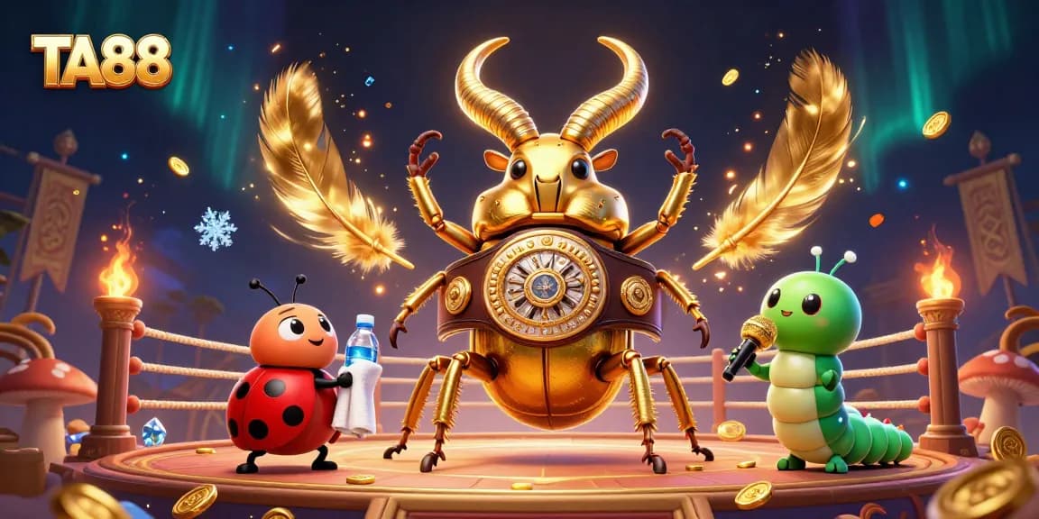 TA88 enhances gaming excitement with a boxing beetle, ladybug, and caterpillar announcer in vibrant casino art