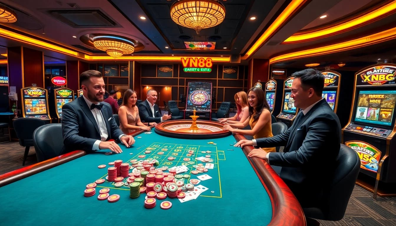 Vibrant VN88 gaming table with casino excitement, high-stakes action, and luxurious atmosphere.
