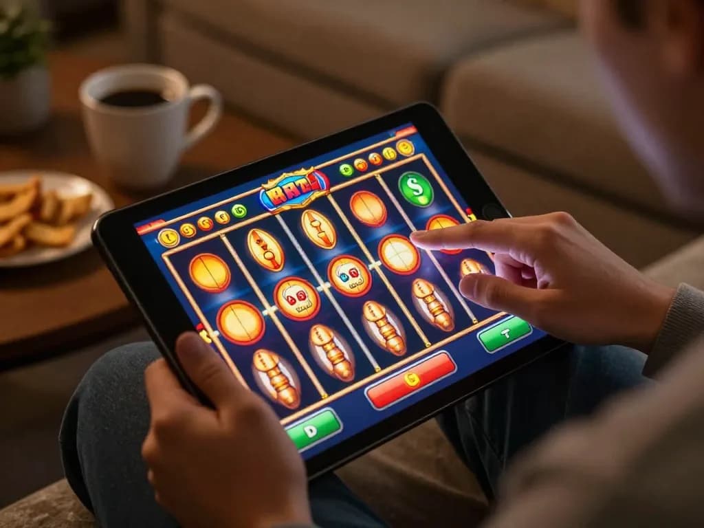 LIGALGO player enjoying an online slot game at home, showcasing vibrant reels and a cozy environment.