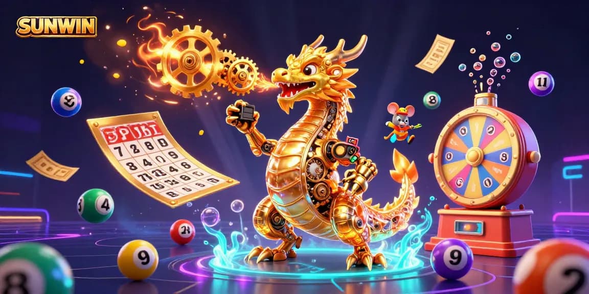 SUNWIN energizes the scene as a golden dragon breathes gears, surrounded by bouncing lottery balls and colorful bingo elements.