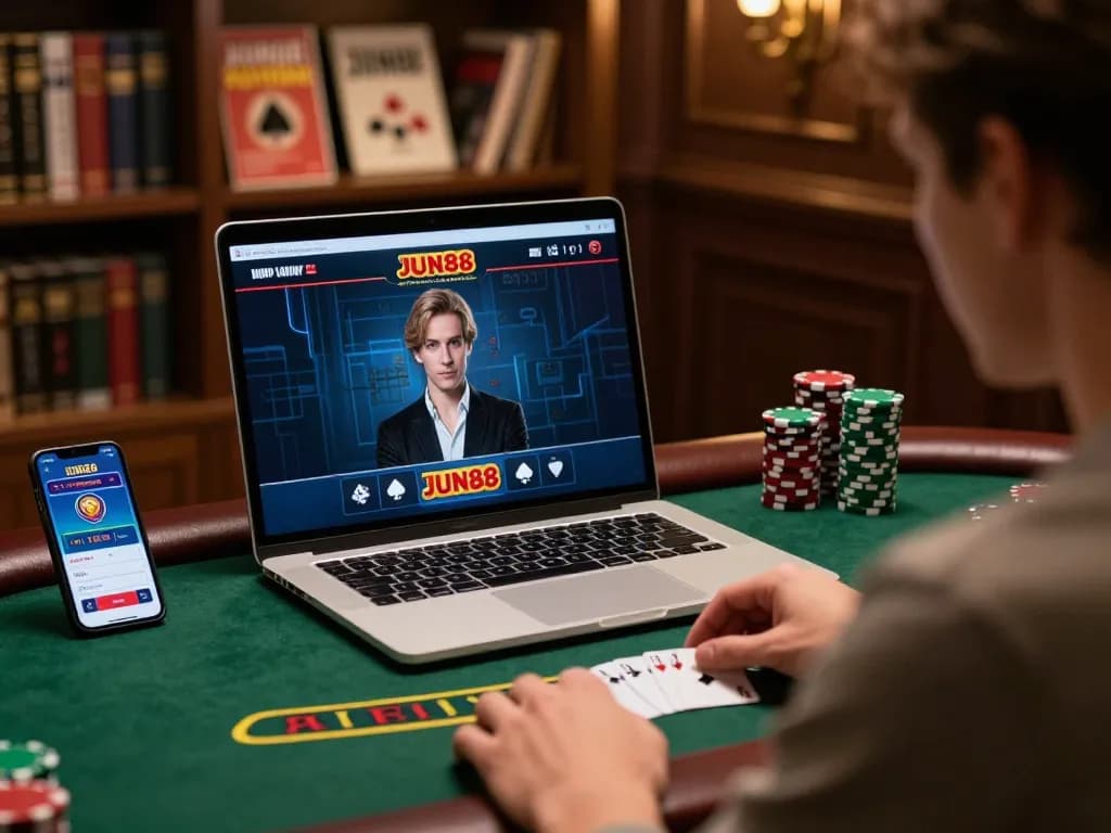 Engaging in live dealer blackjack on JUN88 laptop with strategic focus and warm ambiance.