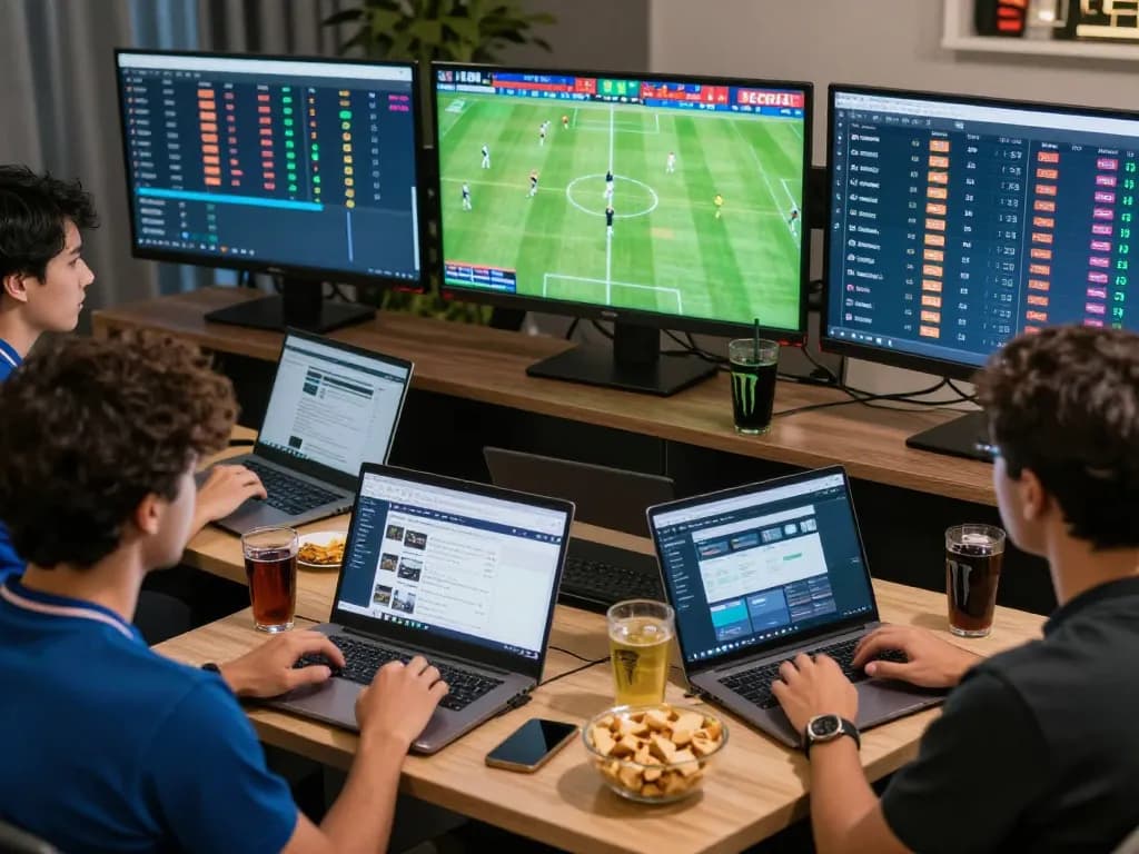 Sports enthusiasts analyzing kèo nhà cái odds during a football match