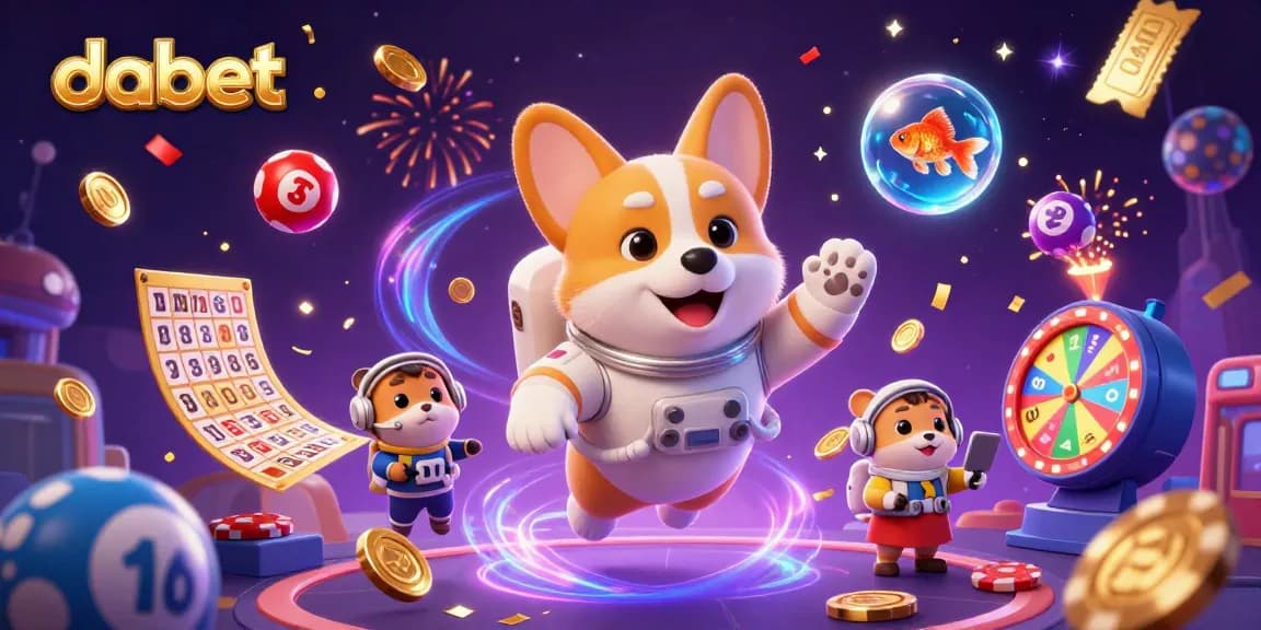 dabet casino illustration with a floating corgi, hamster, and goldfish among colorful lottery elements