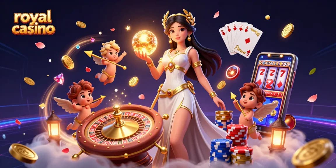 Experience the thrill of royal casino gaming with vibrant visuals featuring a goddess and cherubs.