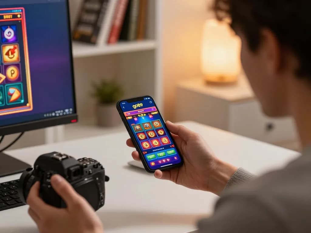 Playing go89 slot games on a smartphone in a modern home office setting.