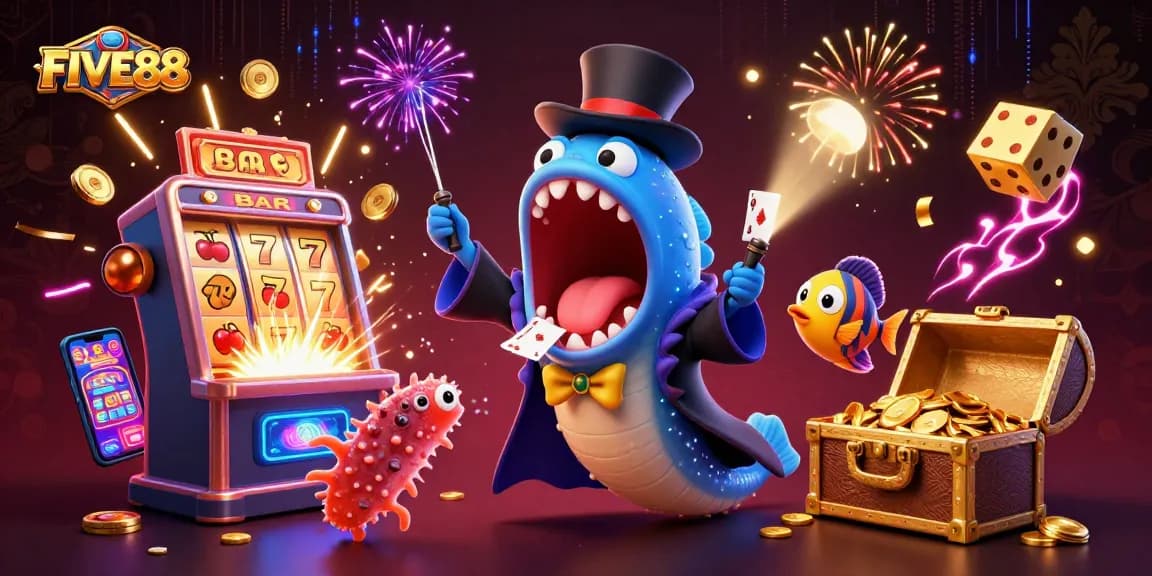 Experience the magic of FIVE88 with vibrant casino reels and characters in an exciting scene.