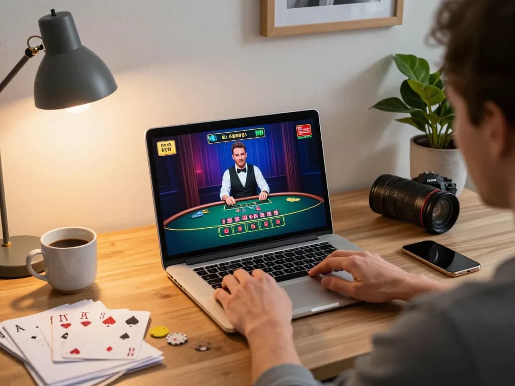 Engaging online gaming scene with go99com blackjack interaction on laptop in stylish environment.