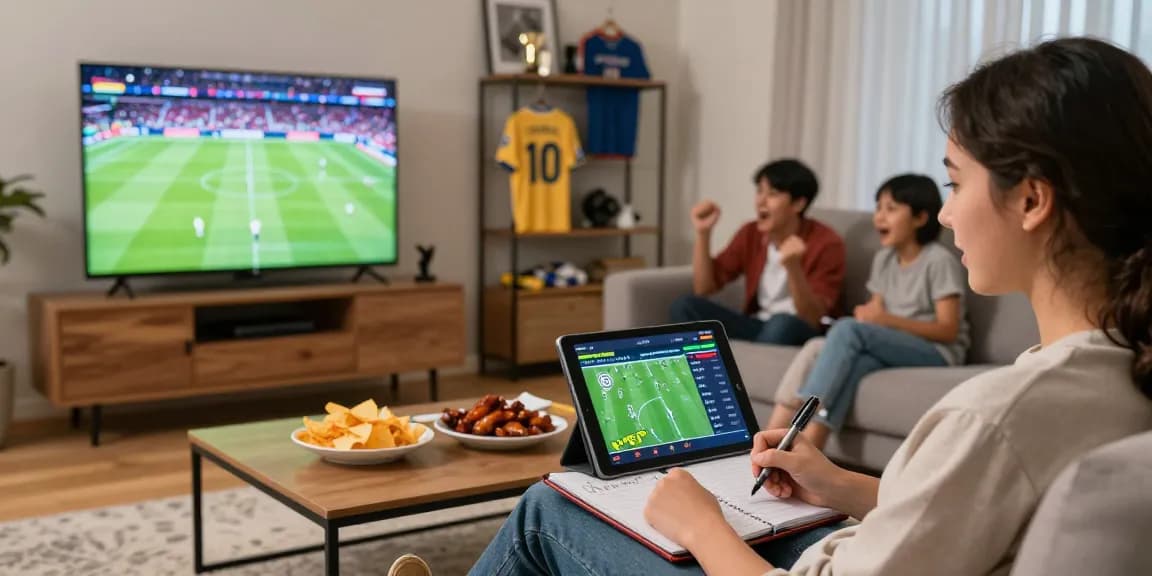 Engaging sports betting scene at home with tablet showing live odds from https://soikeonhacai.com.co/ amidst snacks and family excitement.