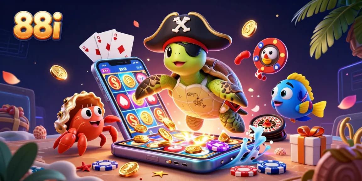 Win big with 88i online as a pirate turtle discovers treasures in a vibrant casino scene.