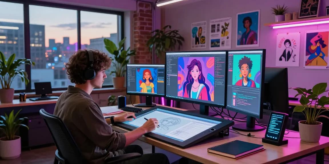 Creative digital artist generating vibrant NSFW AI illustrations in a futuristic studio.