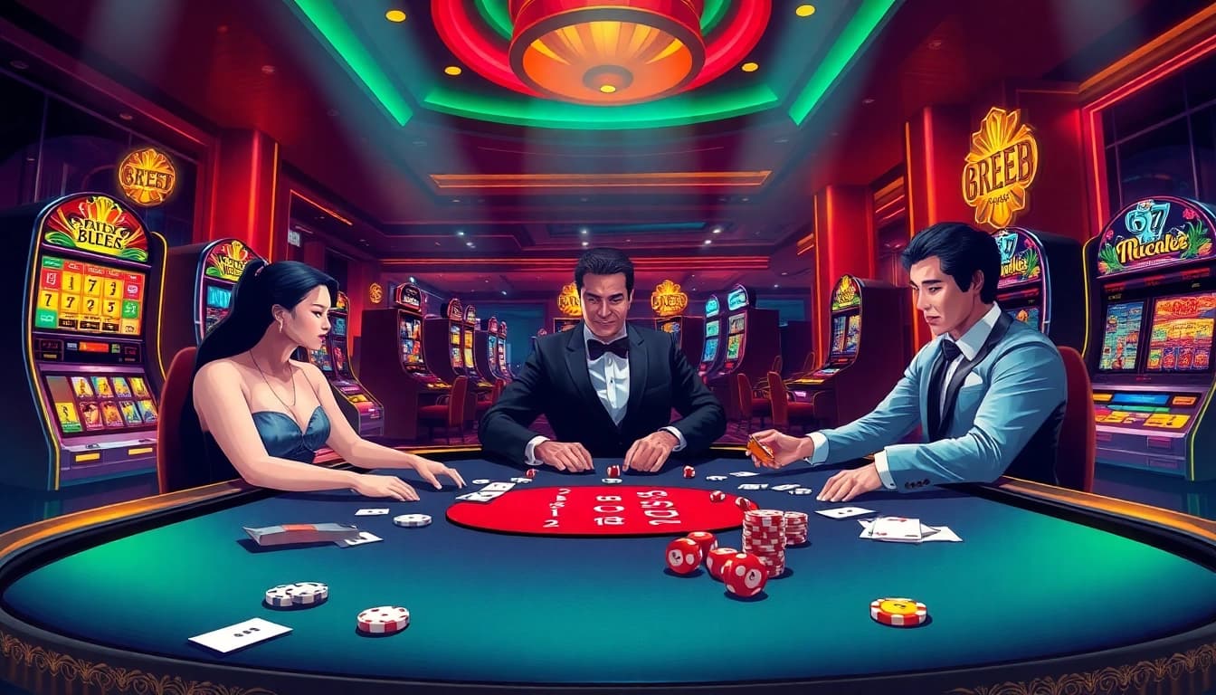 Engage in thrilling gambling at https://8kbet.ink/ casino with poker games, vibrant slot machines, and colorful chips.