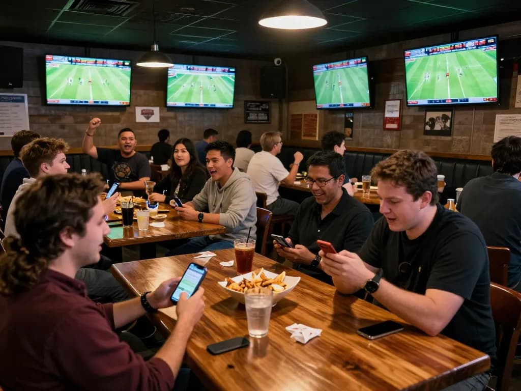 Tỷ lệ kèo nhà cái 5 action at a lively sports bar with fans engaged in betting.