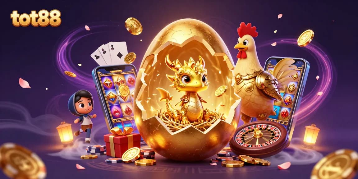 tot88 showcases a baby dragon made of gold among casino chips and vibrant slot elements.