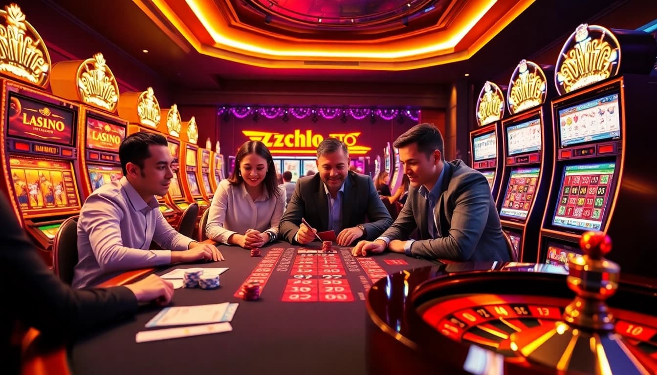 Lazadatoto online gambling scene featuring players at a digital poker table with vibrant slot machines.