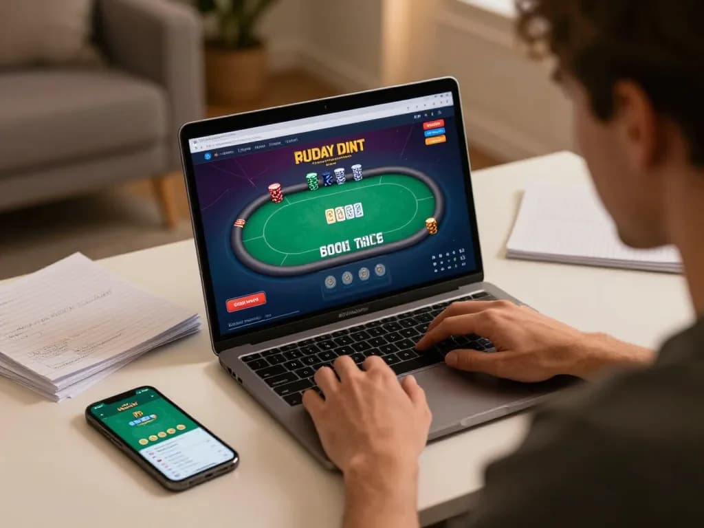 Player strategizing online gambling at LV88 with laptop and notes in stylish setting.