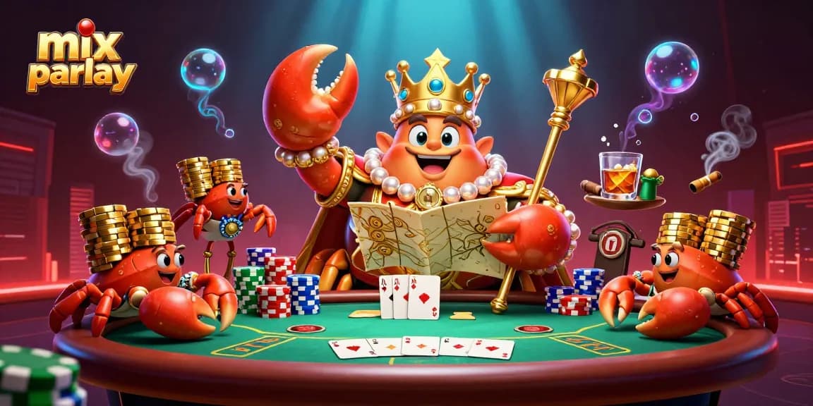 Engage with mix parlay bets alongside a royal golden crab emperor in a vibrant casino scene.