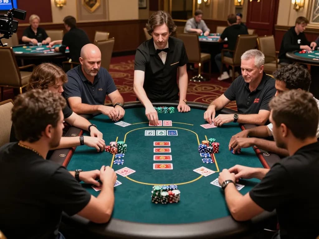 Players engage in a Texas Hold'em game at F168 poker table, showcasing chips and community cards