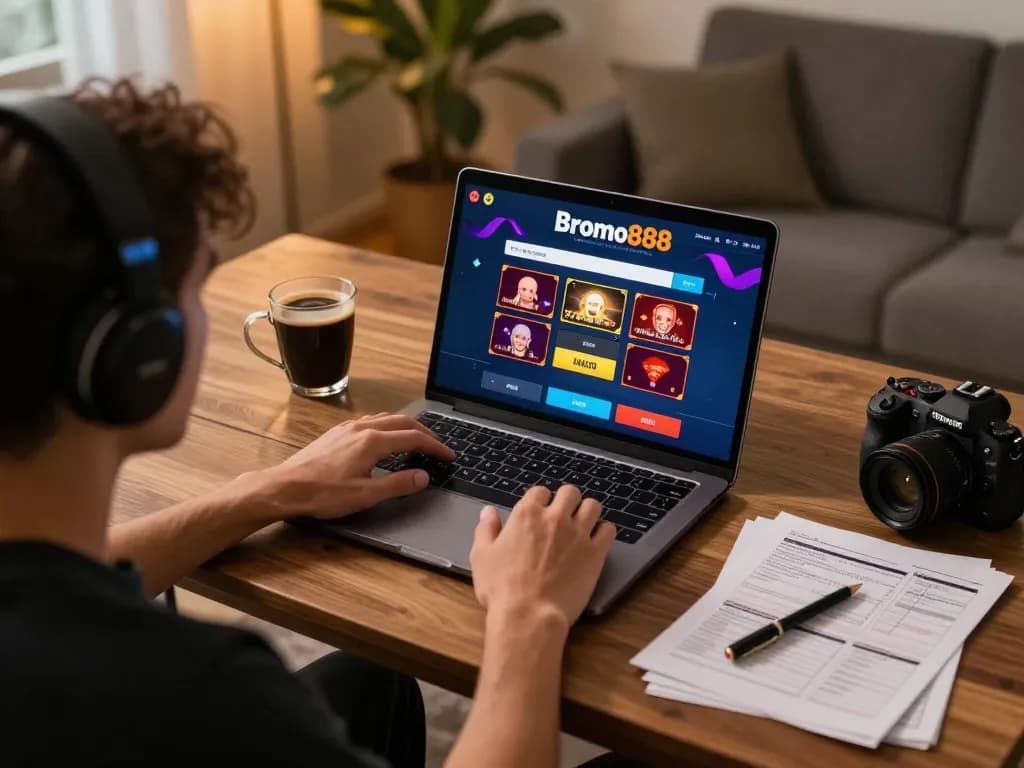 Bromo888 player enjoying a casino game on a laptop, showcasing strategic gameplay in a cozy home setting.