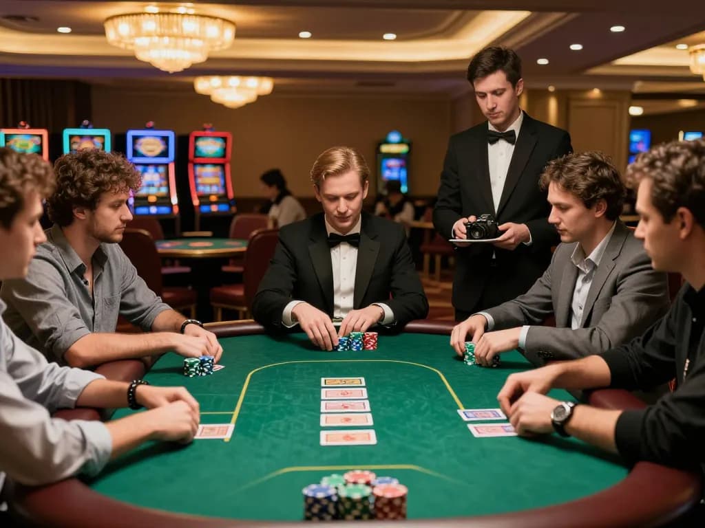 O8 players strategizing their moves at a live poker table in a luxurious casino setting