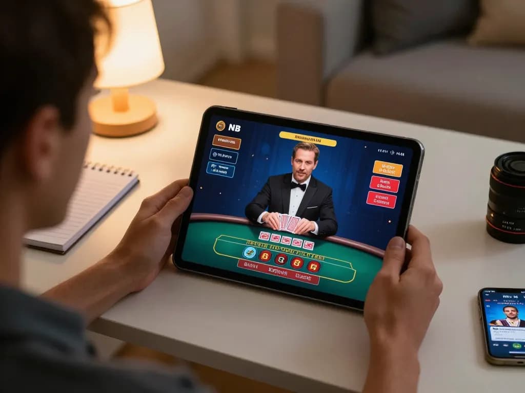 Engaged user on tablet playing kdslots live dealer baccarat with strategic notes nearby