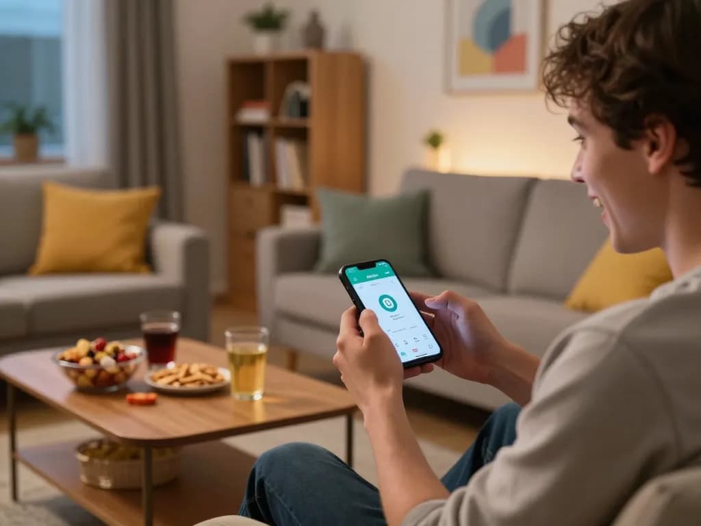 Engaged player using done55 app on smartphone in cozy living room, showcasing mobile gaming excitement and strategy.