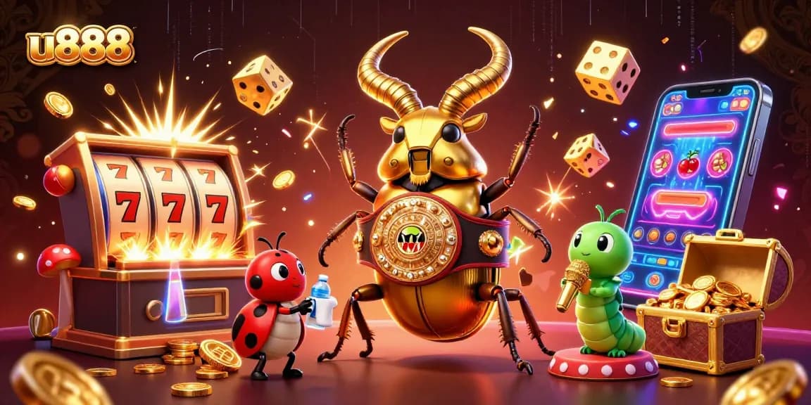 Experience thrilling action with u888's golden stag beetle champion and dynamic slot machine explosion.