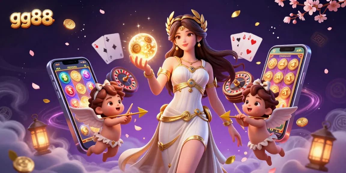 Engage with gg88's dynamic gaming experience featuring slots, a stunning 3D goddess, and playful cherubs.