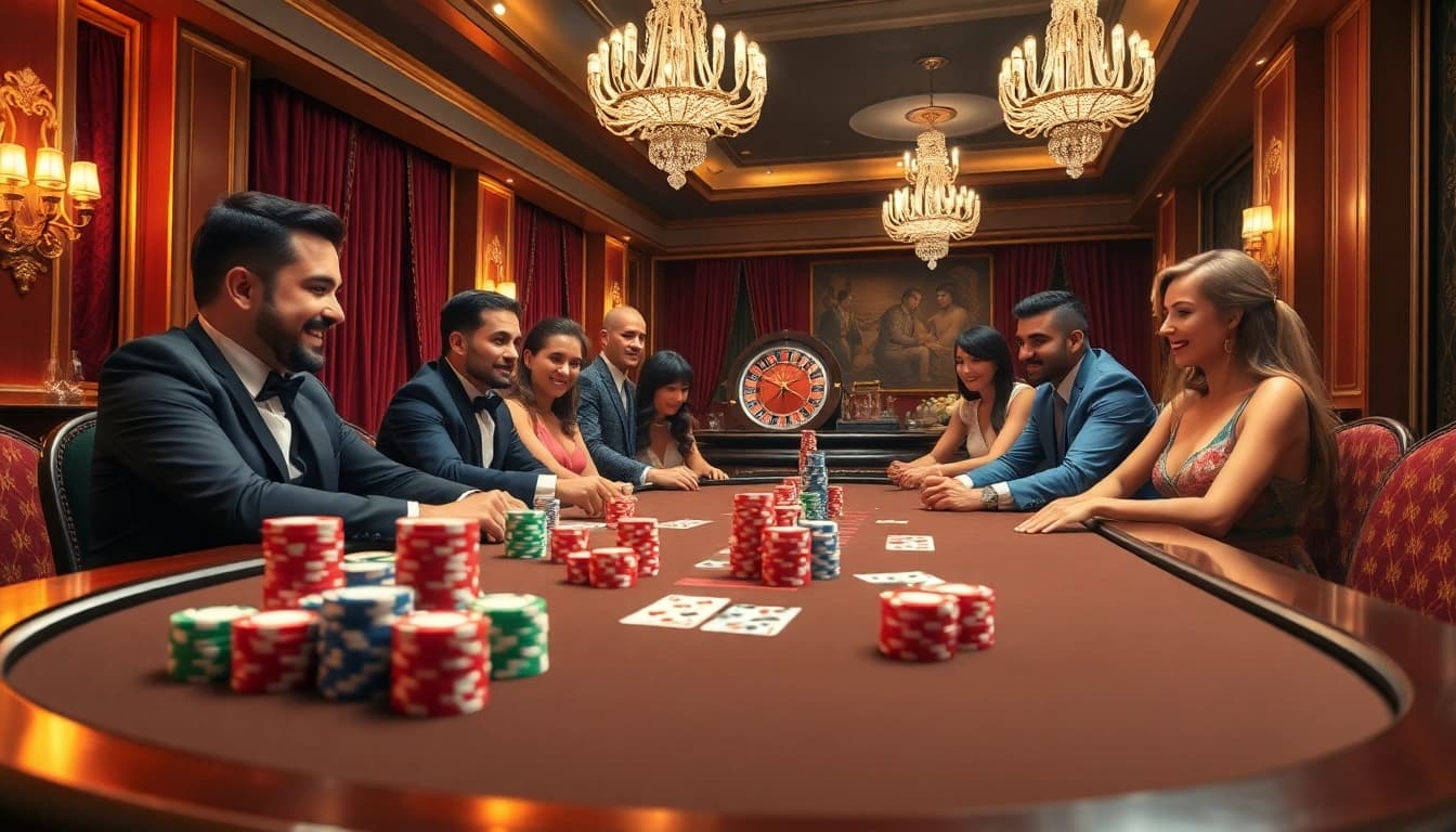 Players engaging at Bay789’s upscale poker table, showcasing excitement and luxury in gambling.