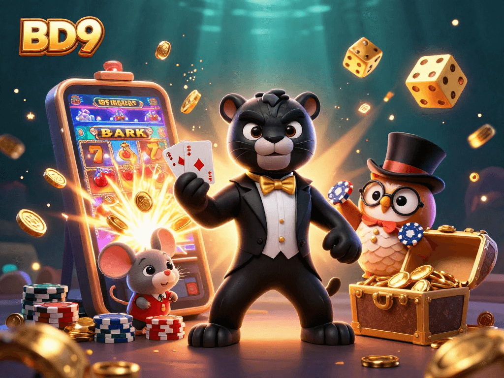 Engage with the exciting world of BD9 online casino featuring iconic characters amid vibrant casino elements.