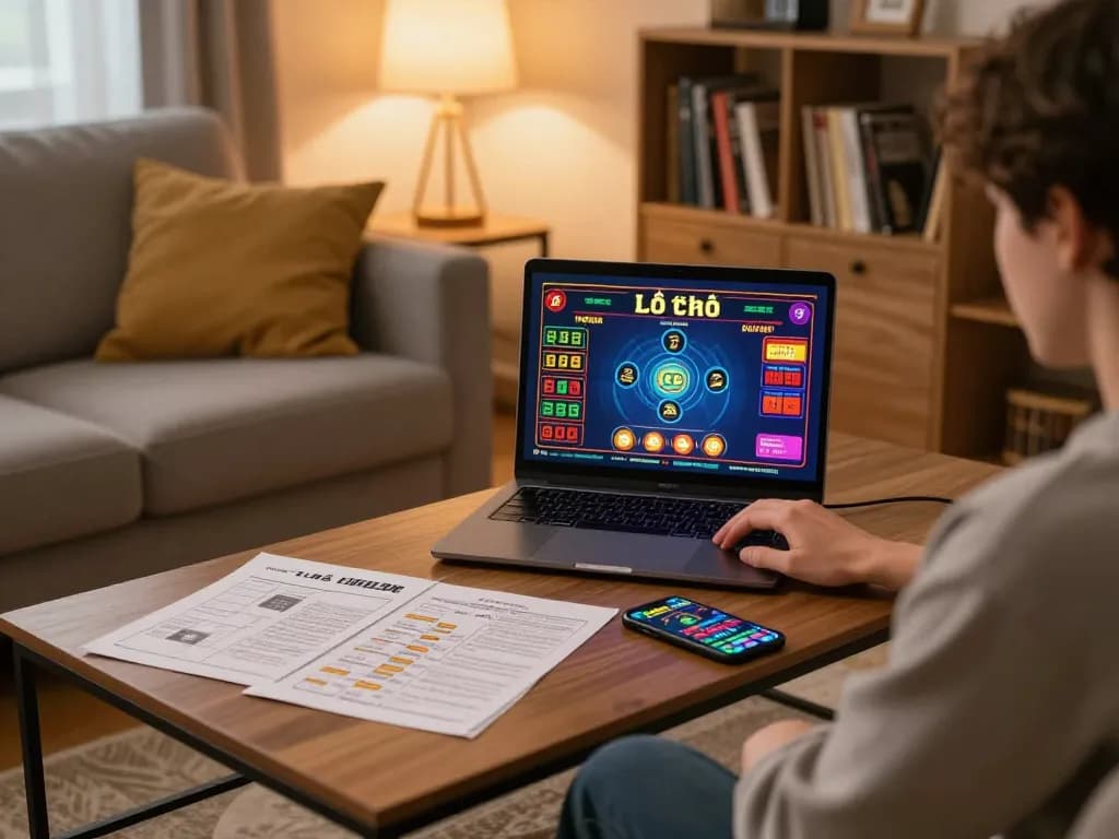 Lô đề online gaming session in a cozy home setting, featuring strategic notes and gambling visuals.
