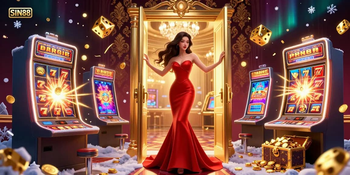 SIN88 captures the excitement of jackpot gaming with a beautiful Asian woman in a VIP casino entrance.