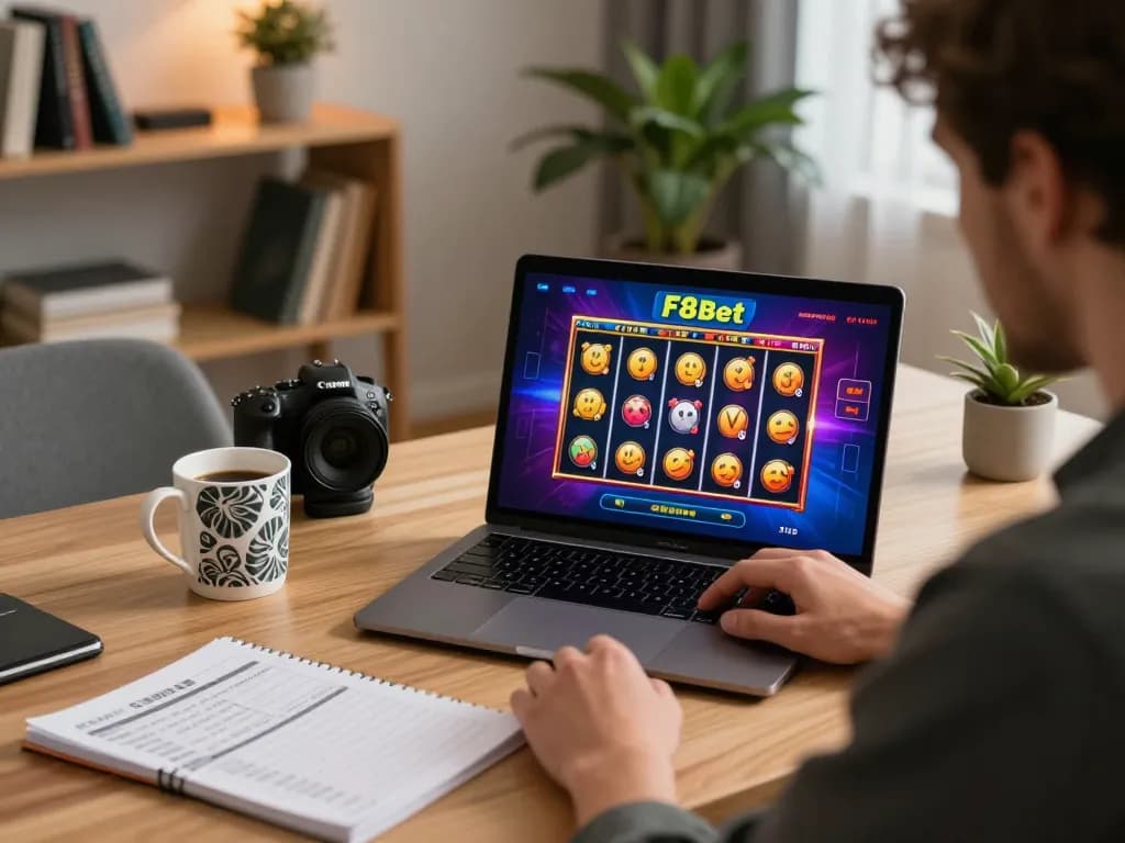 Player strategizing and winning at F8bet online slots in a stylish home office environment