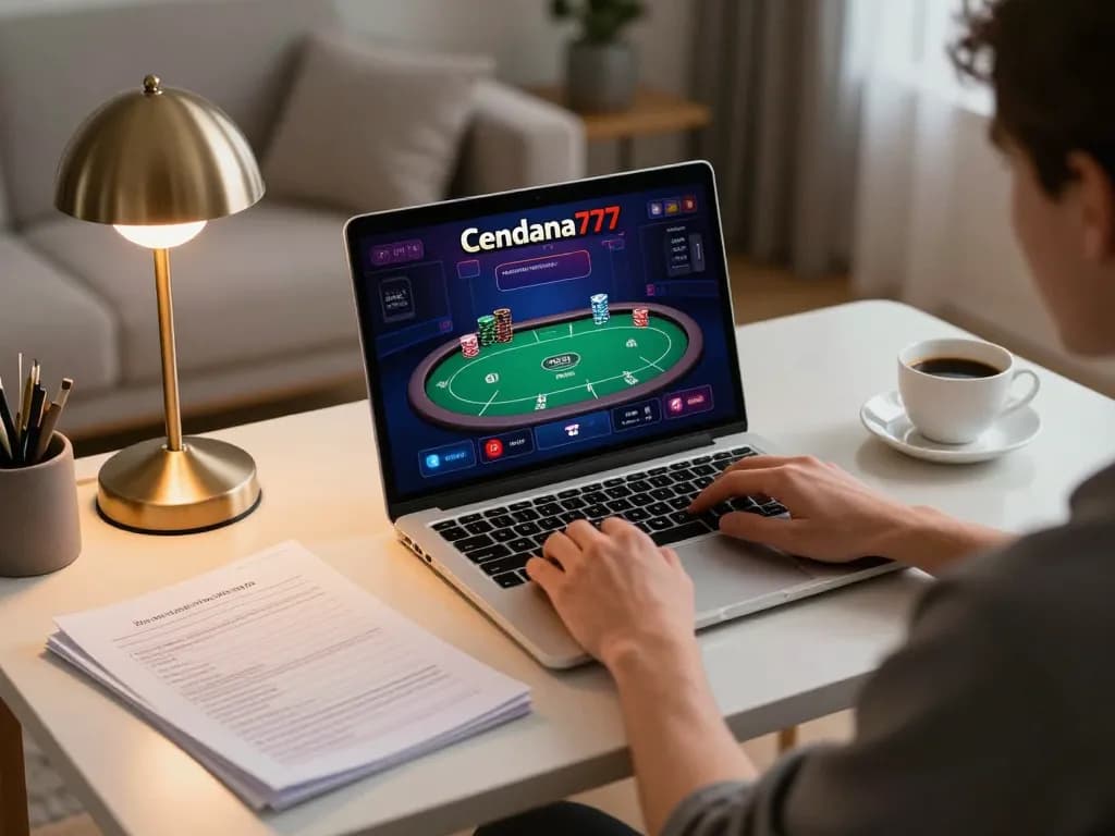 Cendana777 online gaming session showcasing a player engaged with a laptop and strategy notes in a cozy workspace.