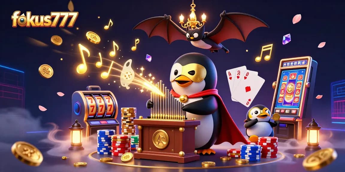 Experience the joy of winning with fokus777 featuring dynamic casino elements like slot reels and poker chips.