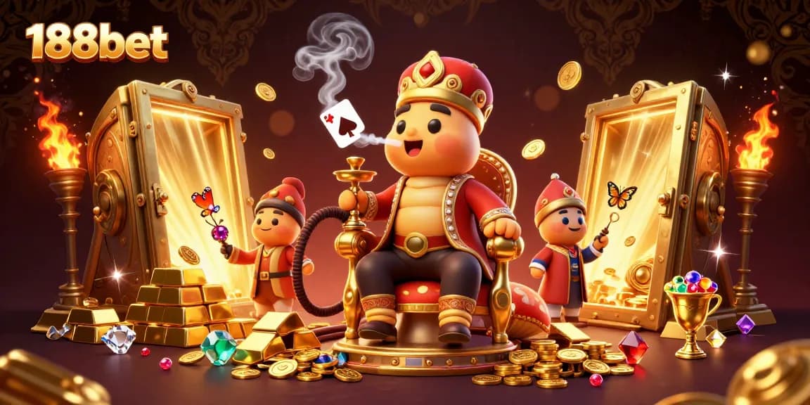 Engage with the vibrant 188bet casino experience featuring animated casino symbols and golden treasures.