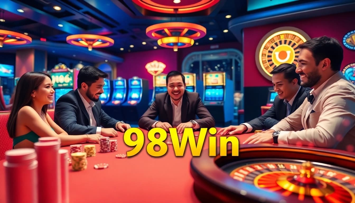 Players strategizing at a poker table in 98Win's luxurious casino atmosphere.