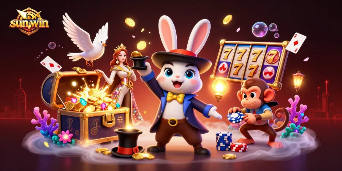 Experience the magic of sun-win as the magician rabbit conjures coins and excitement in a vibrant casino scene.