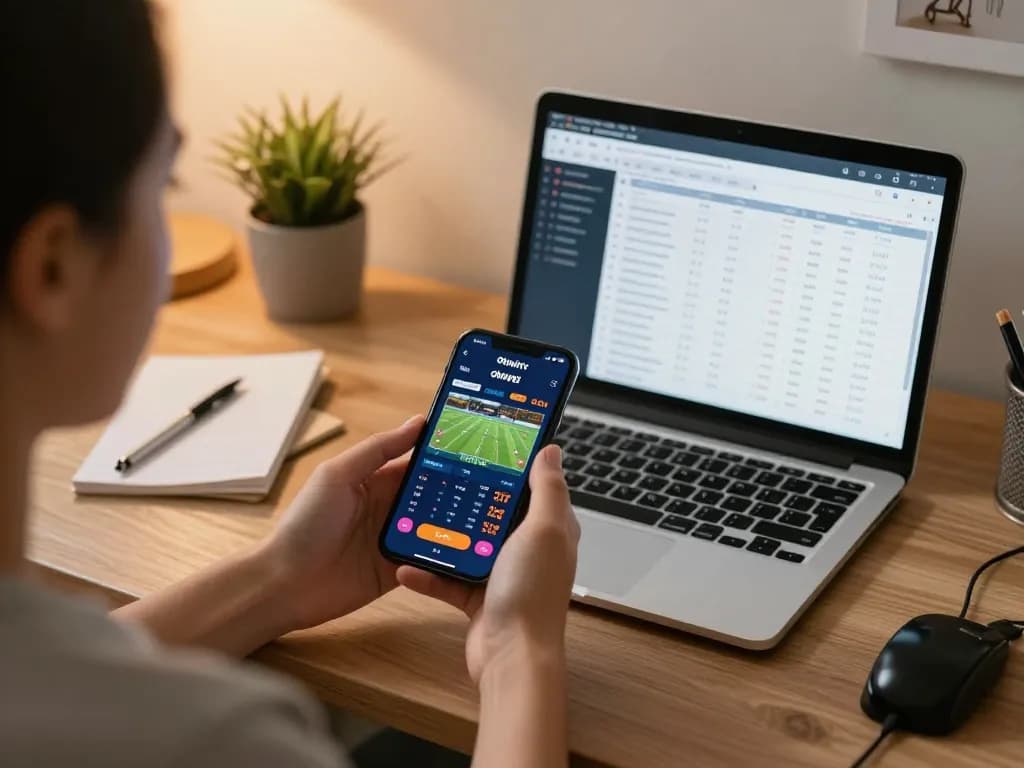 Engaging user interacting with Okwintv app for live sports betting analysis and updates.