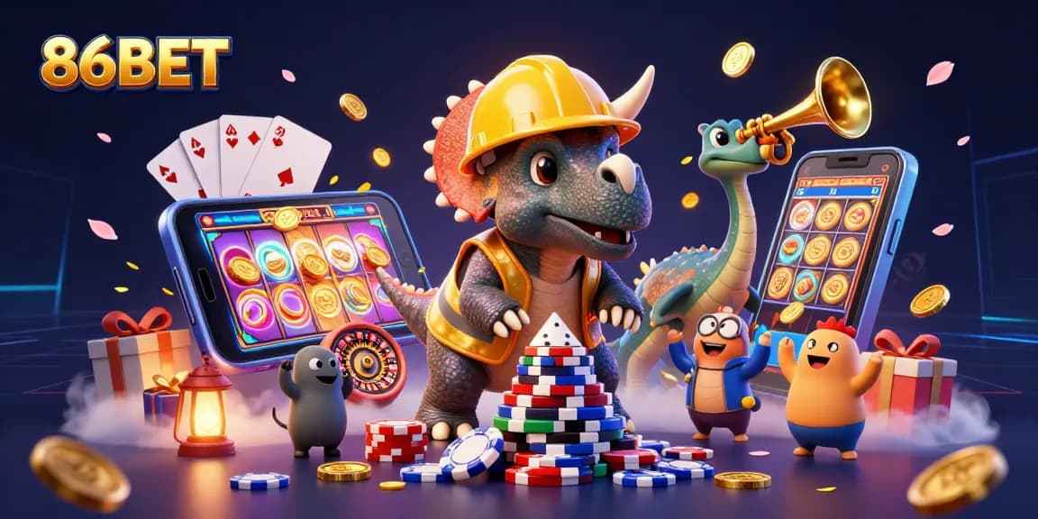 86BET celebrates with cartoon dinosaurs building poker chip pyramids in a vibrant casino world.